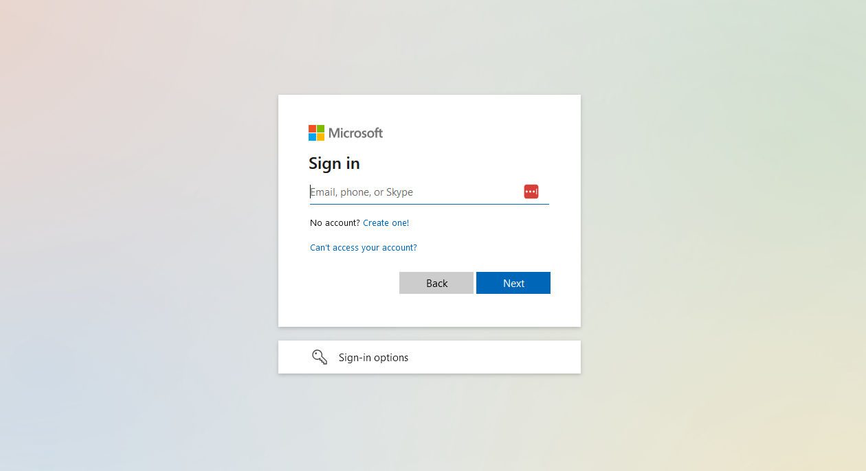 A screenshot of the login screen for Microsoft.