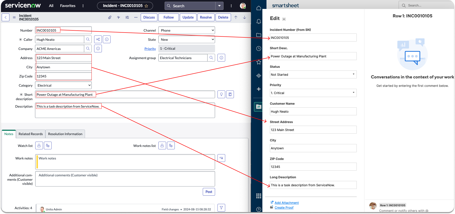 Syncing incidents from ServiceNow to Smartsheet