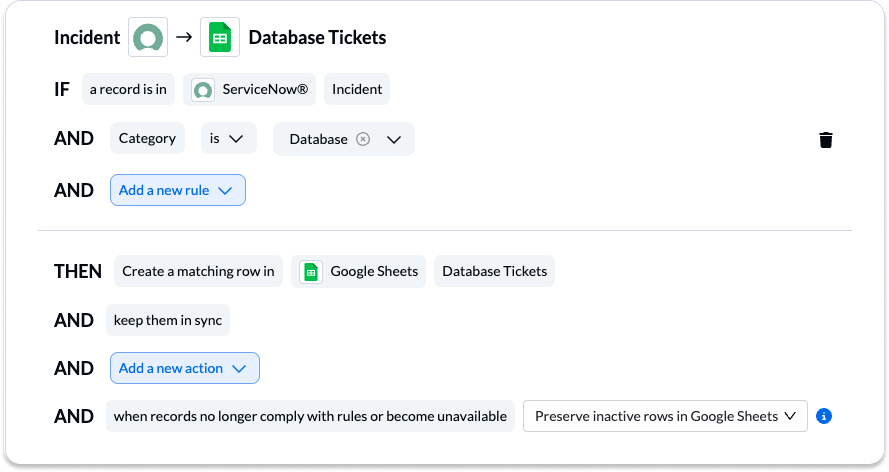 Set rules in Unito to sync Google Sheets and ServiceNow in a 2-way integration

