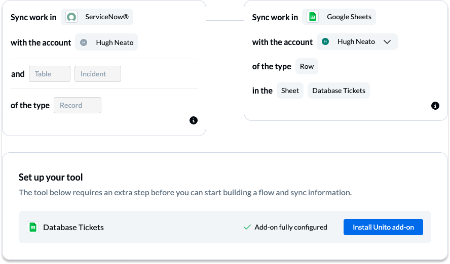 Screenshot of the Unito flow builder connecting Google Sheets and ServiceNow