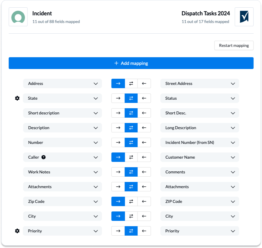 A table of field mappings in Unito between ServiceNow and Smartsheet