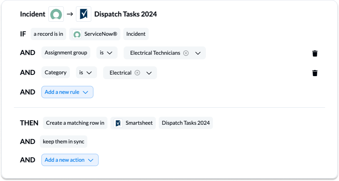 Setting rules in Unito to control the syncing of tasks and rows between ServiceNow and Smartsheet.
