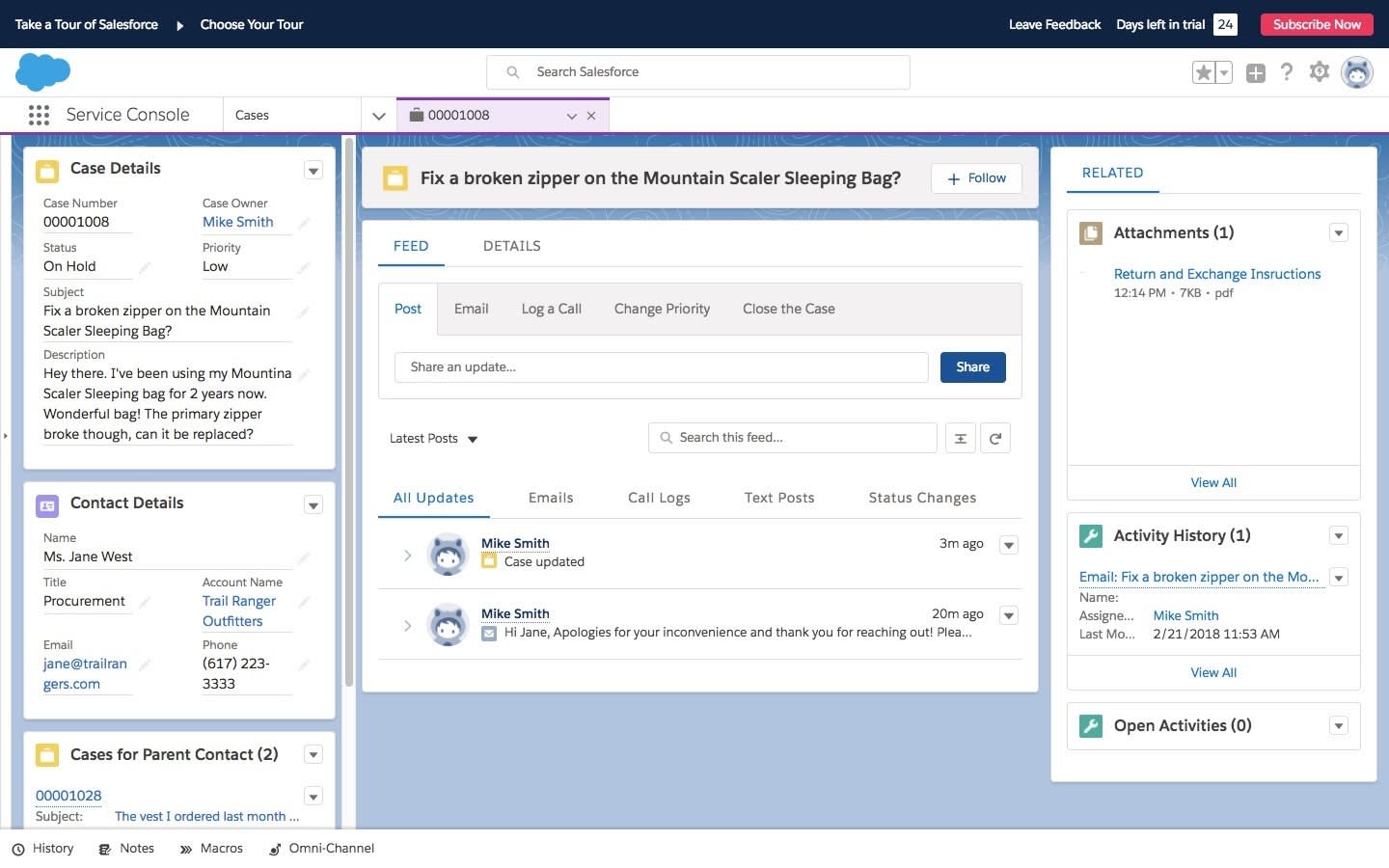 An open case in Salesforce shown in the console with case details, contact details, related cases, and Case Feed in one layout