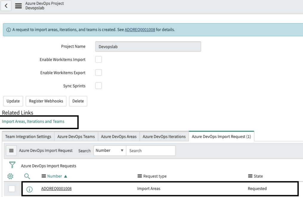 A screenshot of an Azure DevOps integration in ServiceNow.