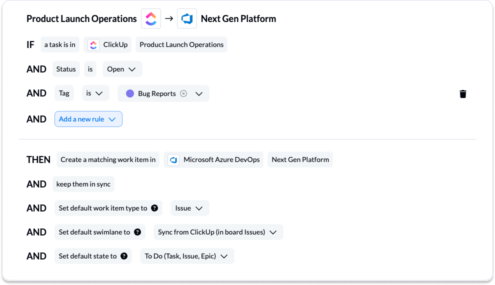 ClickUp Azure DevOps integration rules in Unito