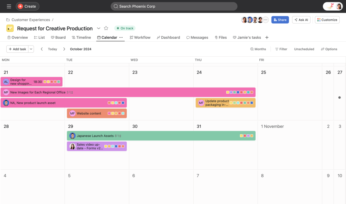 A screenshot of Asana, a project management tool frequently integrated with Smartsheet.