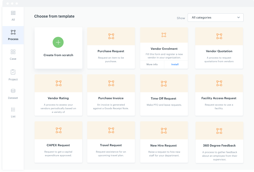 A screenshot of Kissflow, a no-code business process management platform.