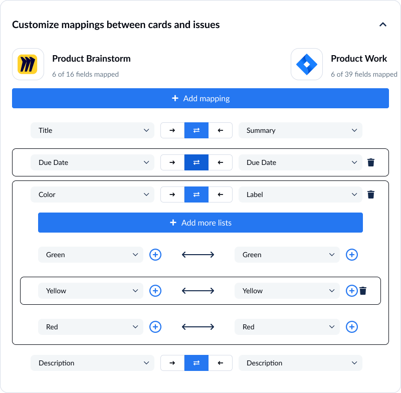 A screenshot of the field mapping screen in Unito, with Miro and Jira paired.