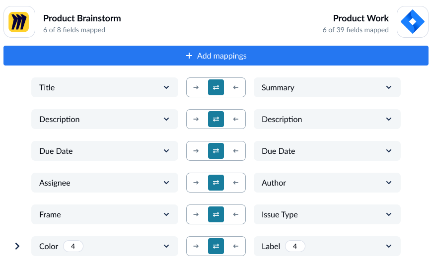 A screenshot of the field mapping screen in Unito, with Miro and Jira fields mapped.