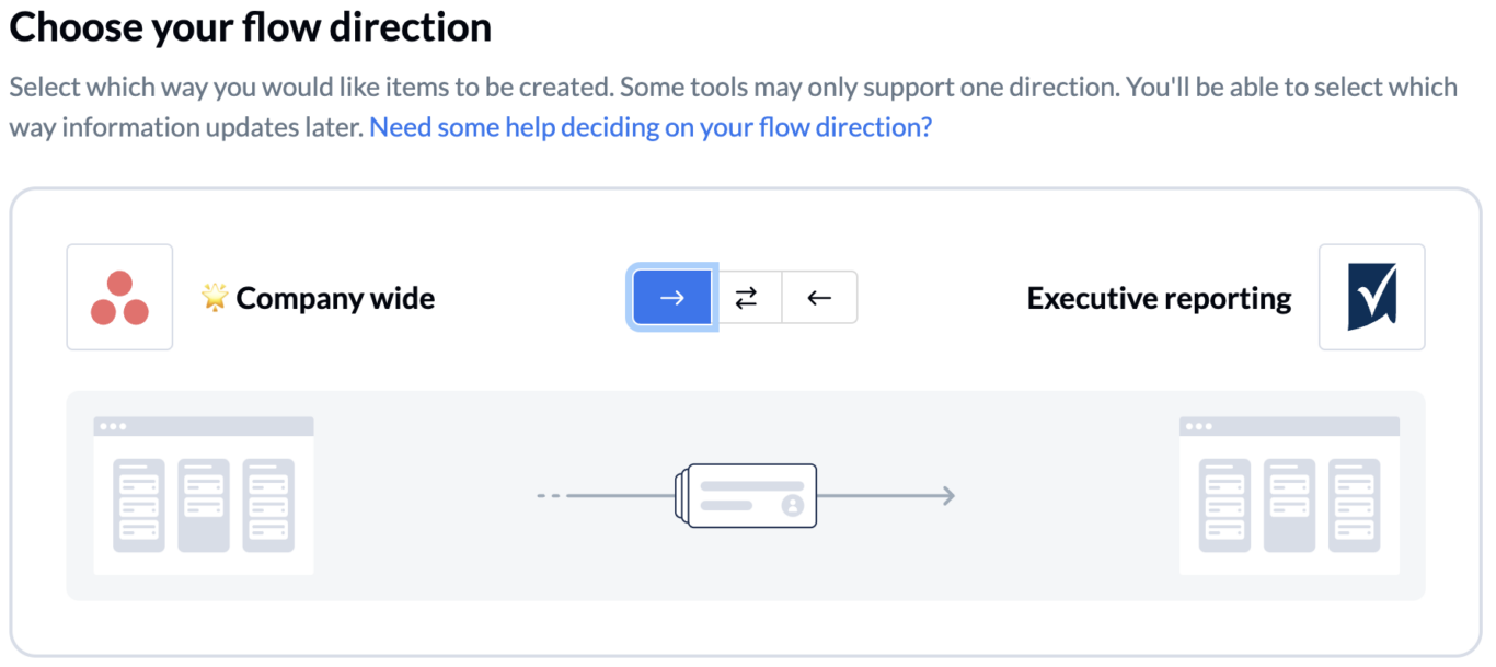 A screenshot of the flow direction screen in Unito, with a one-way flow from Asana Advanced to Smartsheet.