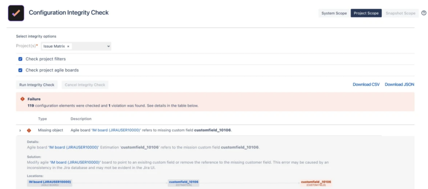 A screenshot of Integrity Check for Jira, an example of a Jira app.