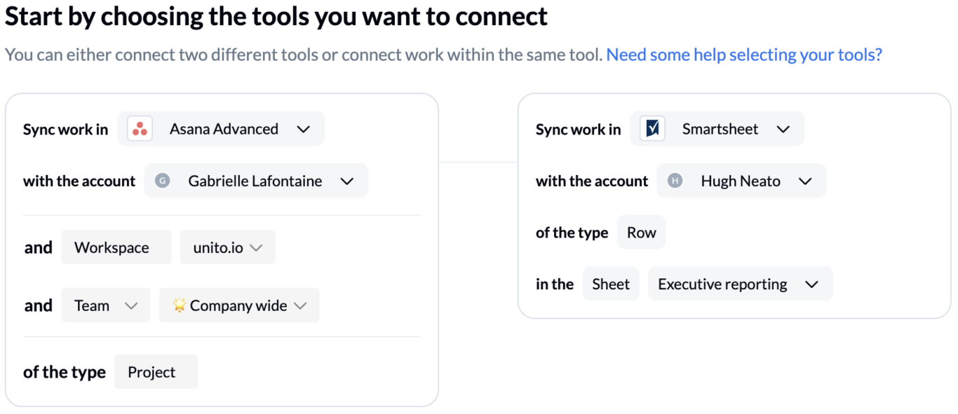 A screenshot of the tool connection screen in Unito with Smartsheet and Asana Advanced connected.