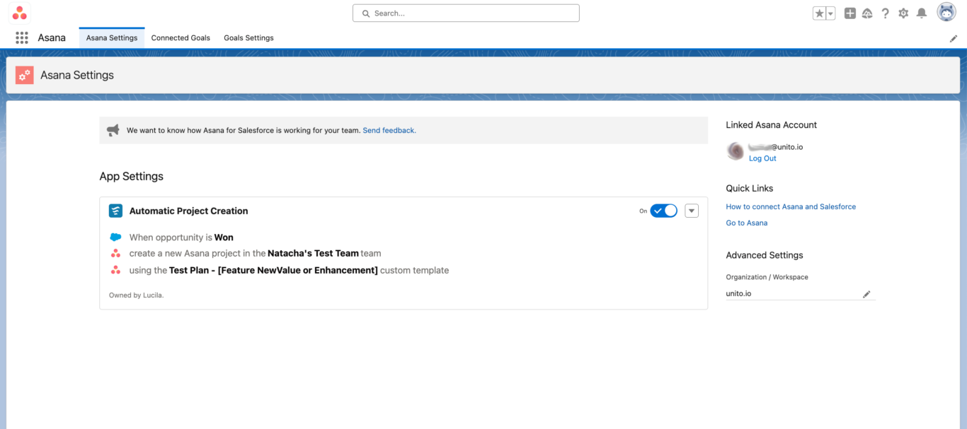 A screenshot of Asana's built-in Asana + Salesforce integration.