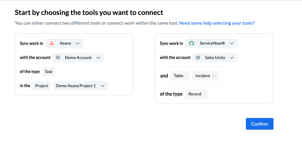 A screenshot of the Unito tool connection screen, with Asana and ServiceNow connected.