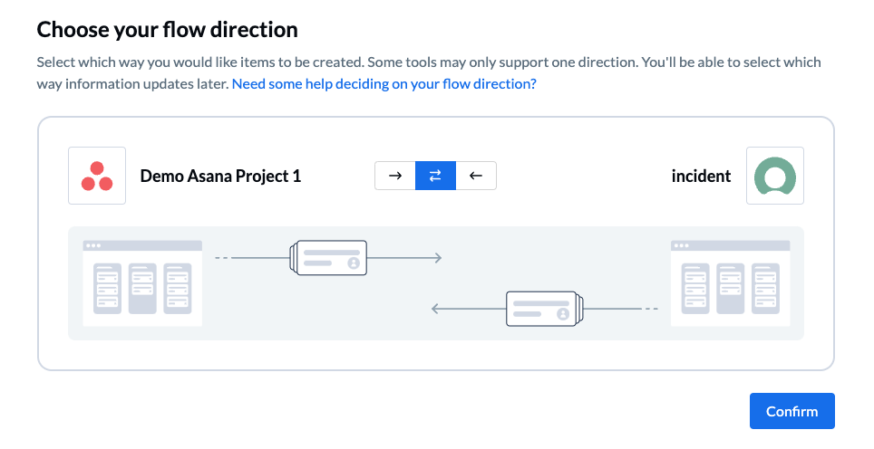 A screenshot of the flow direction screen in Unito, with Asana and ServiceNow connected.