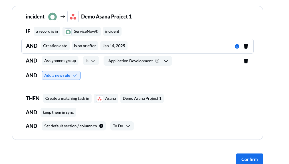 A screenshot of the rule building screen in Unito, with ServiceNow and Asana connected.