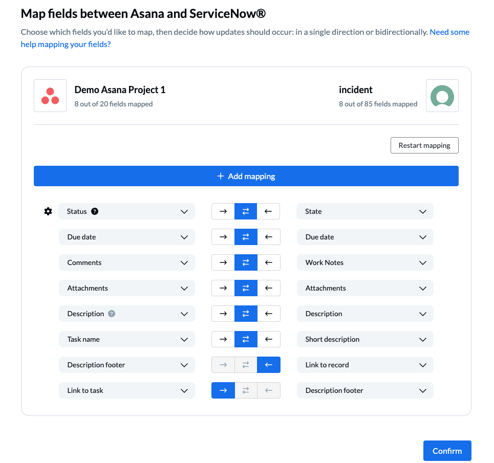 A screenshot of the field mapping screen in Unito, with Asana and ServiceNow connected.