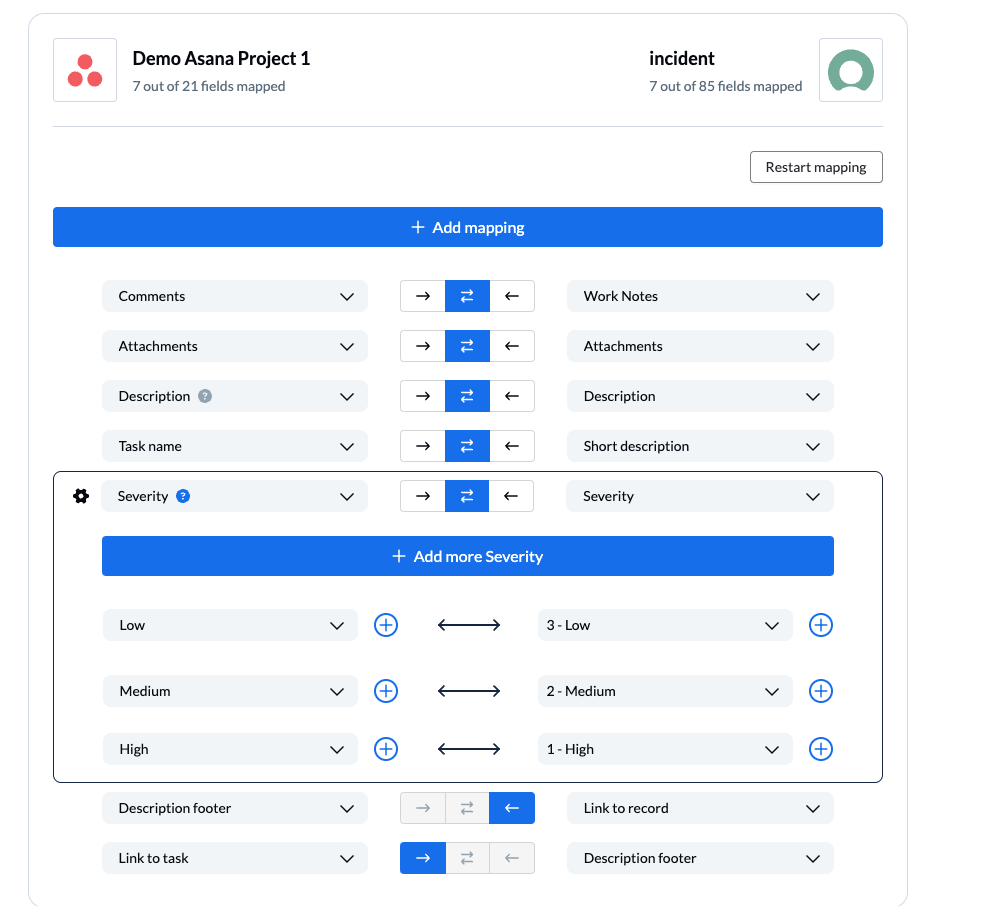 A screenshot of a sub-mapping being set up in Unito, with Asana and ServiceNow connected.