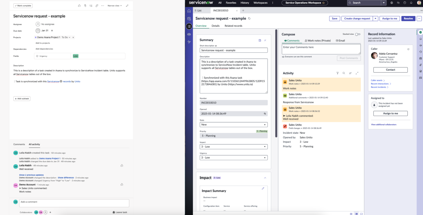 A screenshot of an Asana task and a ServiceNow record side by side, showing field data synced between them.