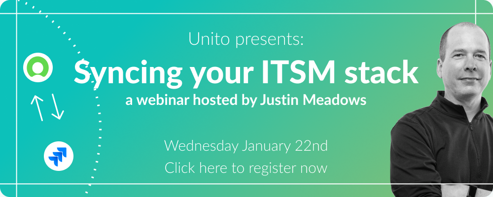 A banner advertising Unito's upcoming webinar, Syncing your ITSM Stack.