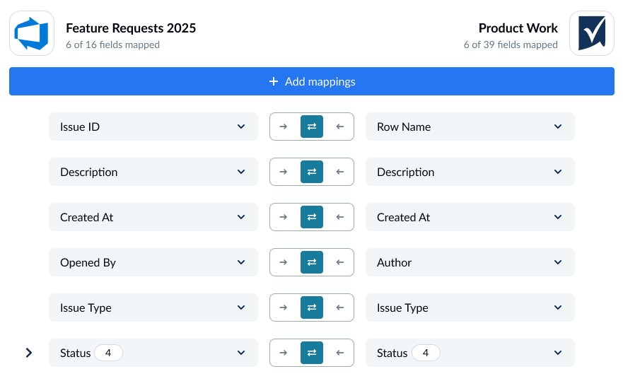 A screenshot of the field mapping screen in Unito, with Azure DevOps and Smartsheet connected.