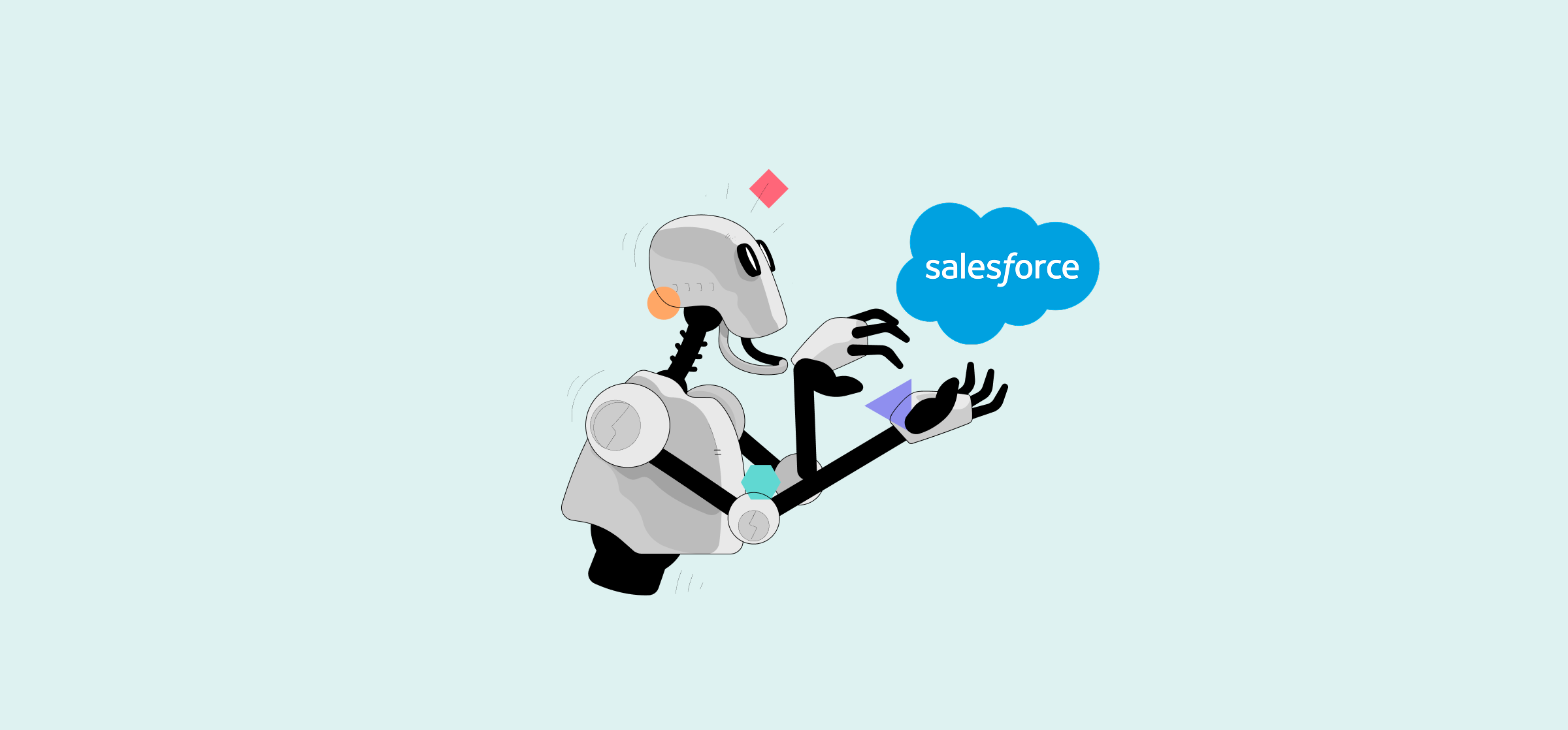 An illustration of a robot holding a Salesforce logo, representing Salesforce Agentforce.