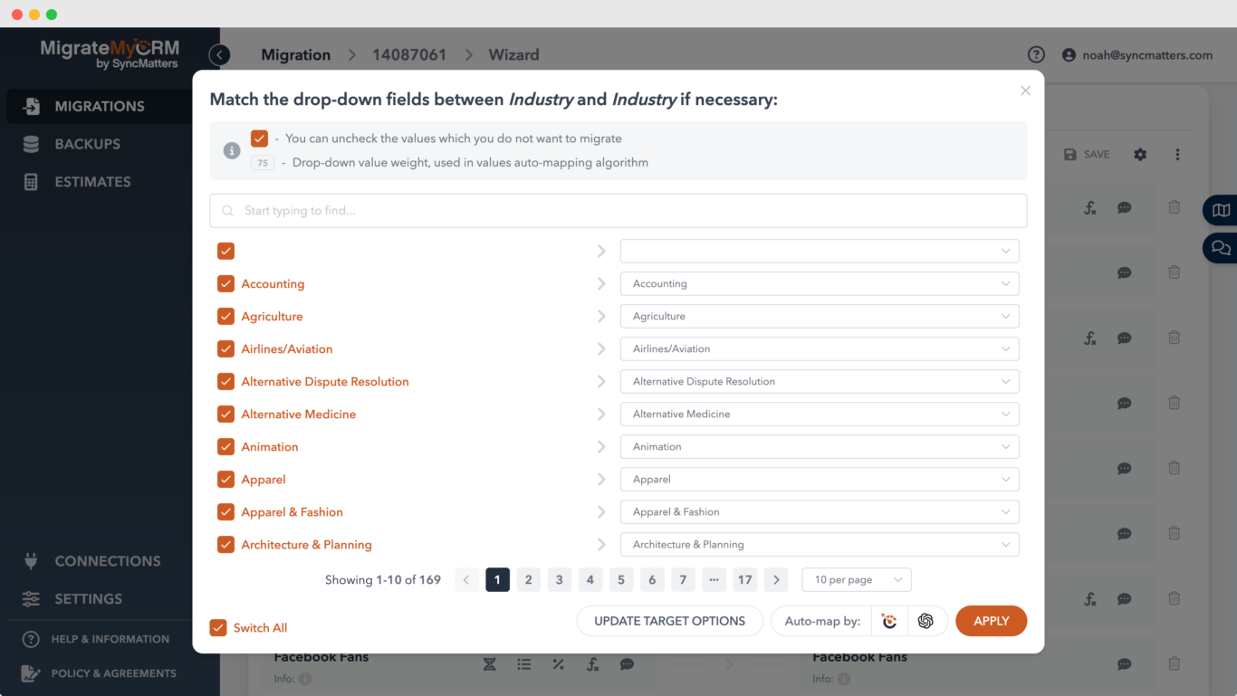 A screenshot of MigrateMyCRM, a tool specialized in migrating data between Salesforce and other CRM tools.