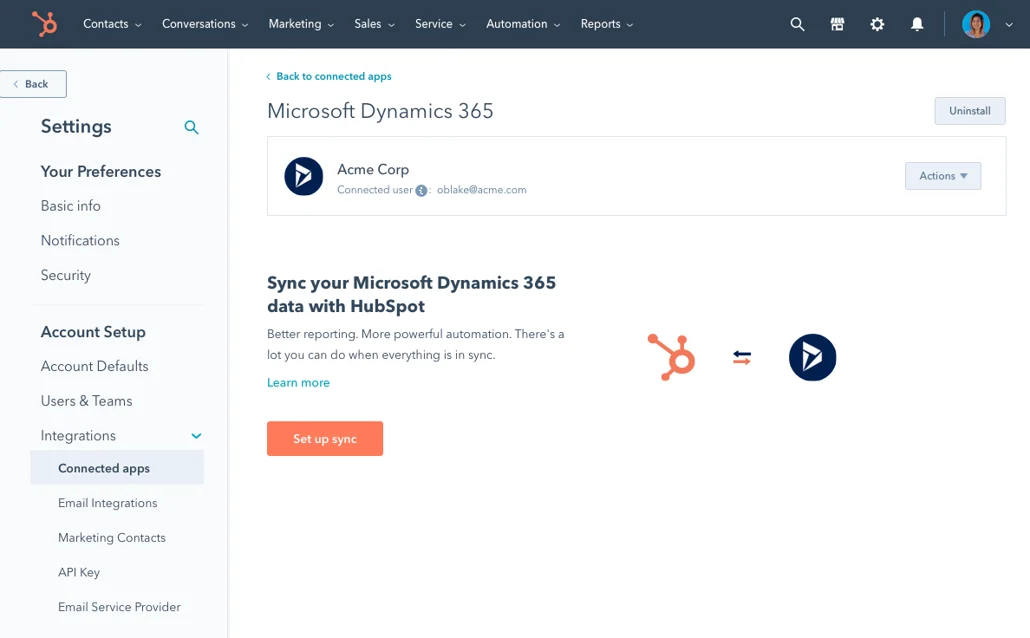 A screenshot of HubSpot data sync, a native integration option for this popular CRM software.