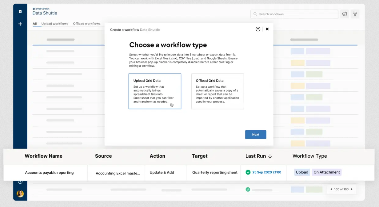 A screenshot of Smartsheet's data shuttle, an option for Smartsheet integrations.