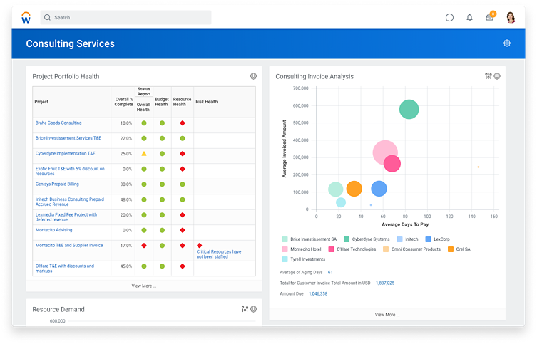 A screenshot of Workday, one of the most popular examples of PSA software on the market.