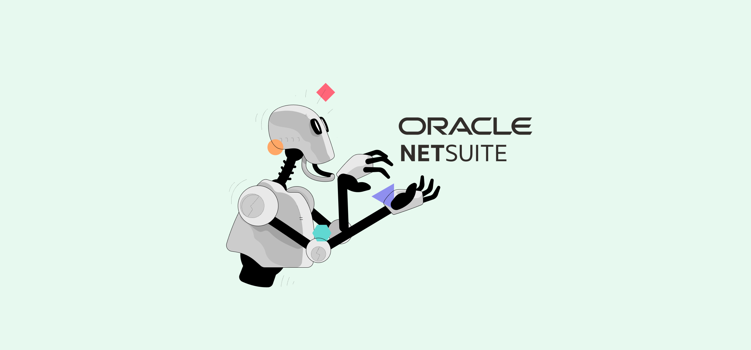 An illustration of a robot holding an Oracle NetSuite logo, representing NetSuite Connector.