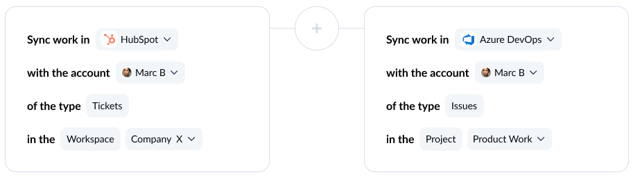 A screenshot of the flow builder screen in Unito, with HubSpot and Azure DevOps connected.