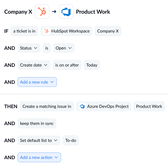 A screenshot of the rules screen in Unito, with HubSpot and Azure DevOps connected.