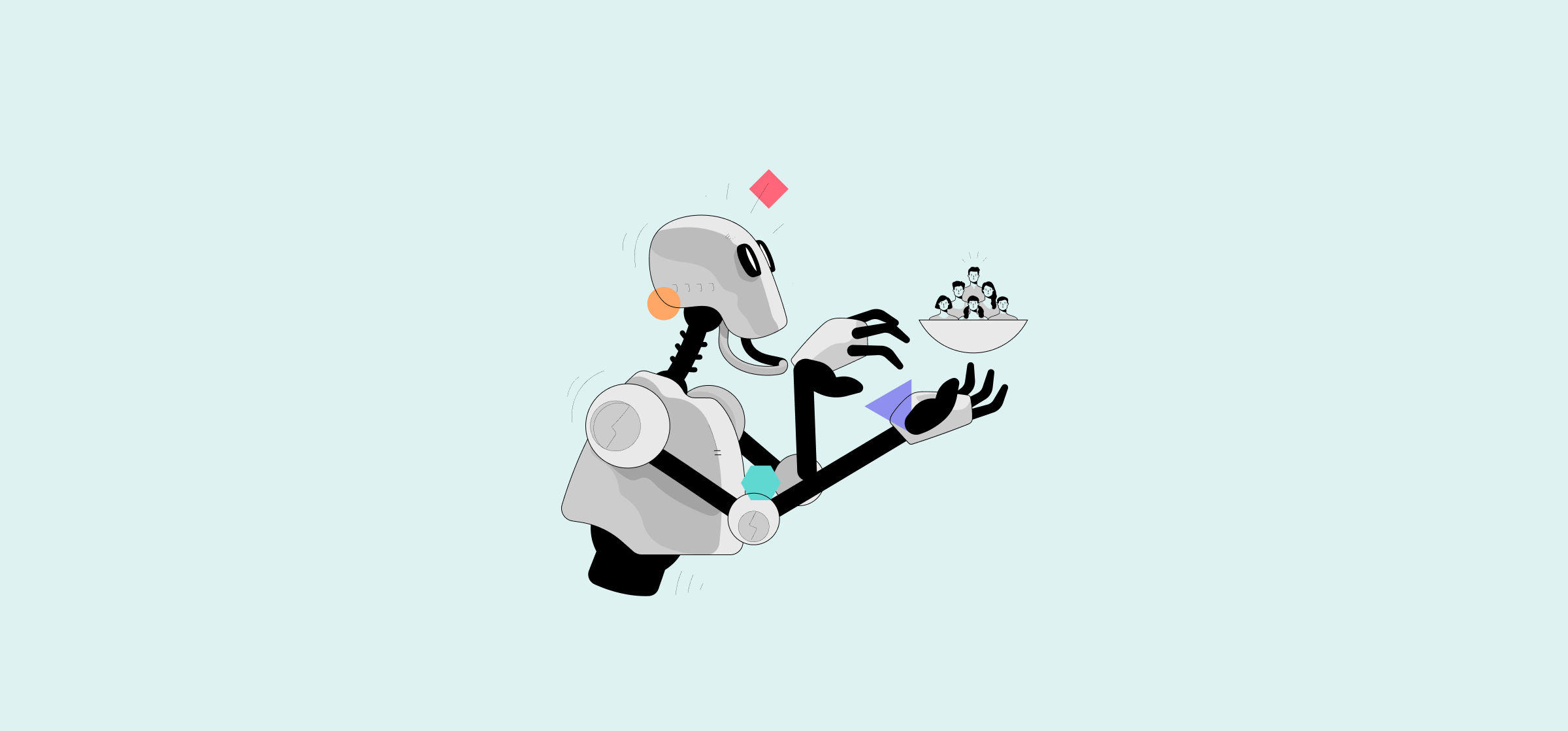 An illustration of a robot holding a cup of people, representing Salesforce Agentforce alternatives.