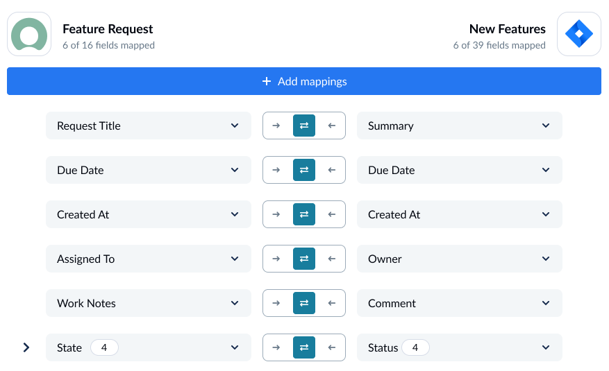 A screenshot of the field mapping screen with ServiceNow and Jira connected.
