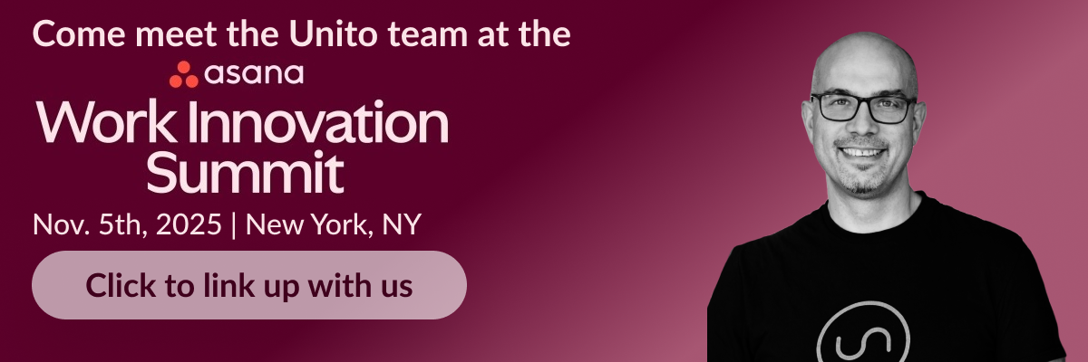 A banner announcing Unito's presence at Asana's Work Innovation Summit on November 5th in New York City, with Unito's CEO Marc Boscher.