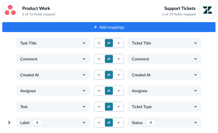 A screenshot of the field mapping screen in Unito, with Asana and Zendesk connected.