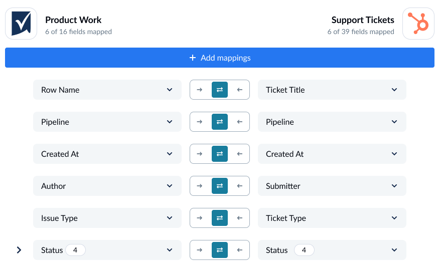 A screenshot of the field mapping screen in Unito, with Smartsheet and HubSpot connected.