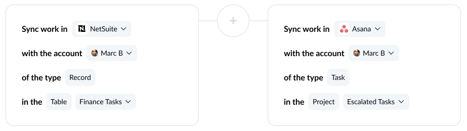 A screenshot of the tool connection screen in Unito, with Asana and NetSuite connected.
