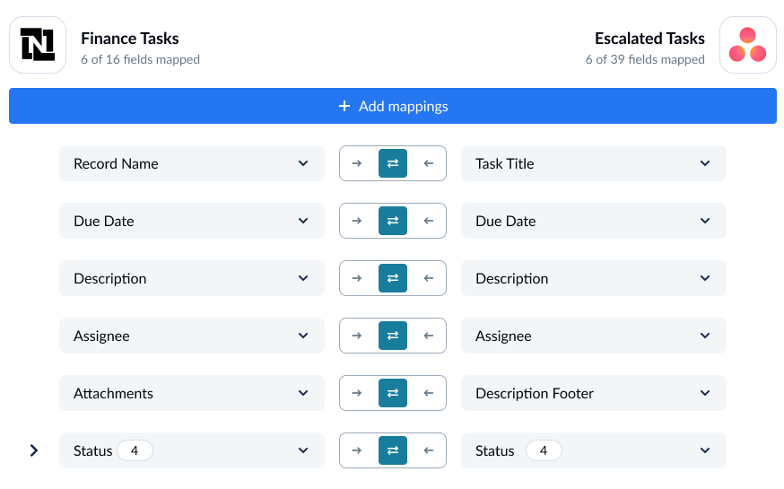 A screenshot of the field mapping screen in Unito, with NetSuite and Asana connected.