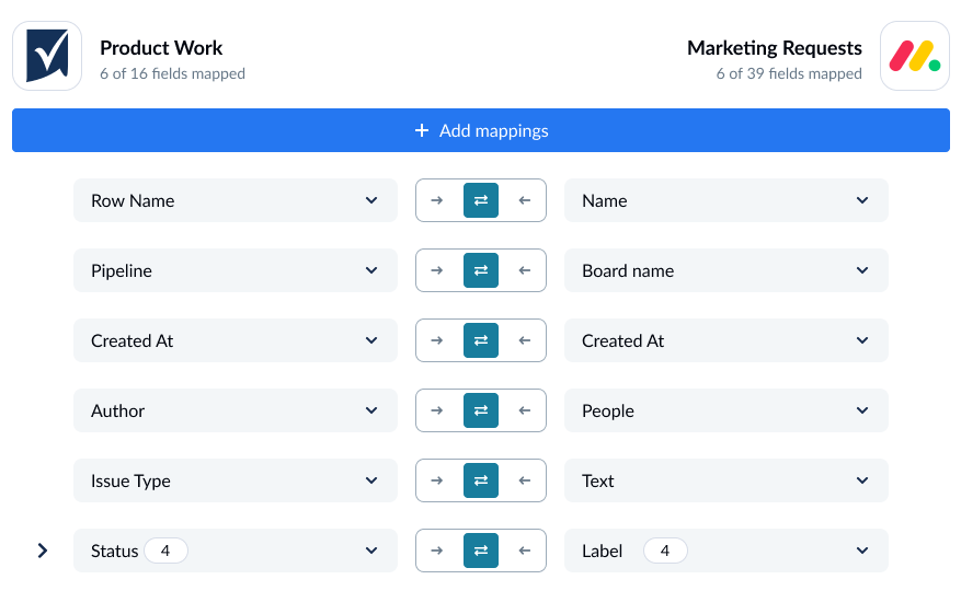 A screenshot of the mapping screen in Unito, with Smartsheet and Monday connected.