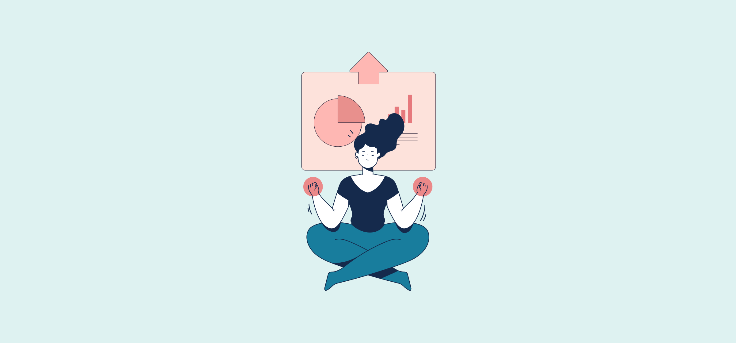 A woman floating cross-legged in front of a chart, representing no-code integration platforms.