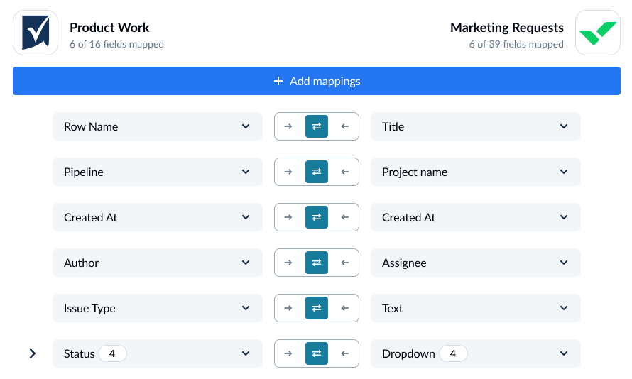 A screenshot of the field mapping screen in Unito with Smartsheet and Wrike connected.