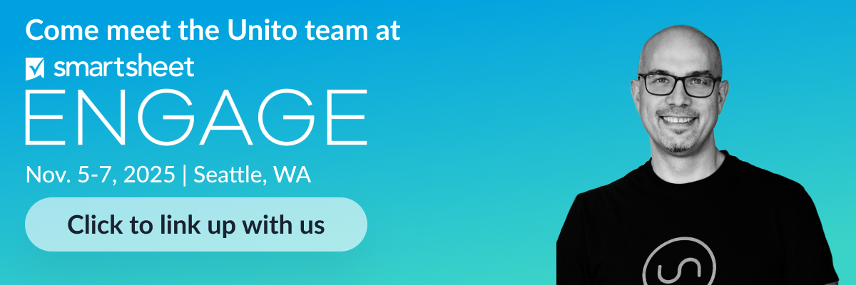 A banner announcing Unito's presence at Smartsheet Engage on November 5th to 7th in Seattle Washington, with Unito's CEO Marc Boscher.