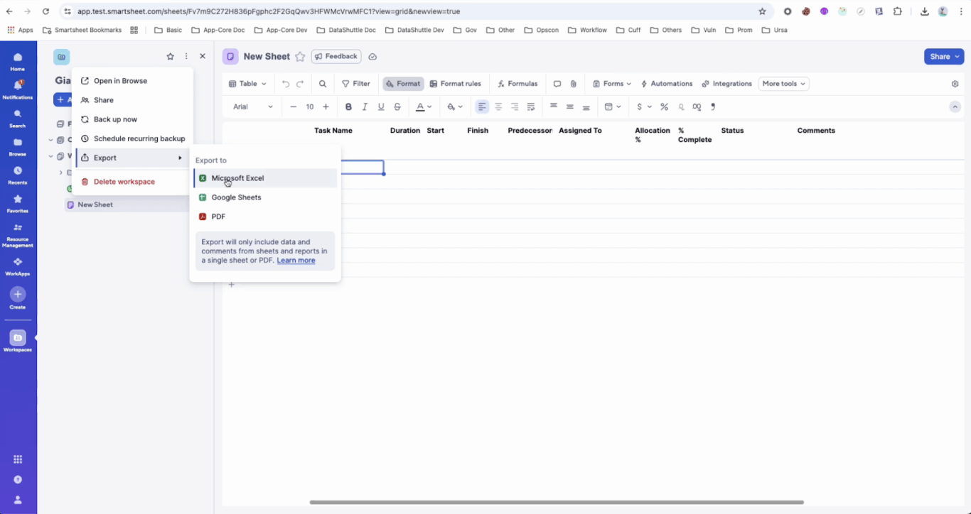 A screenshot of Smartsheet, with the export menu open.