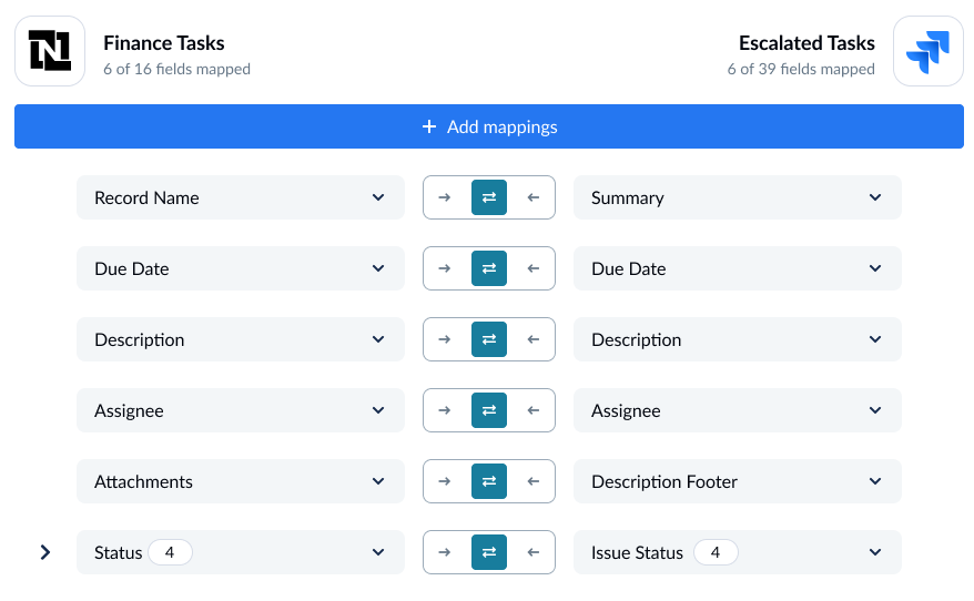 A screenshot of the field mapping screen in Unito, with NetSuite and Jira connected.
