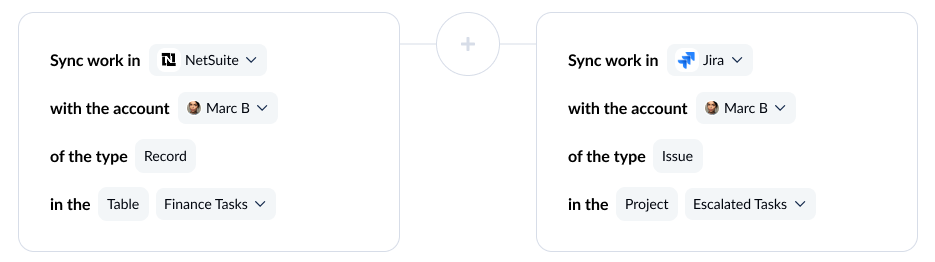 A screenshot of the tool connection screen in Unito, with NetSuite and Jira connected.