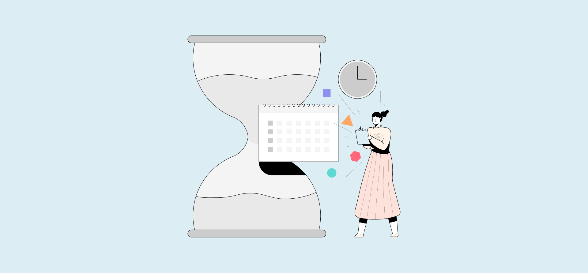 An illustration of a woman with a clipboard standing by an hourglass, representing a guide to reducing mean time to resolution.
