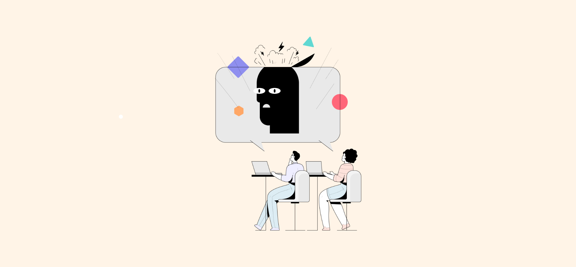 An illustration of two people sitting at desks under a head bursting with lightning, representing a guide to onboarding new IT support team members.