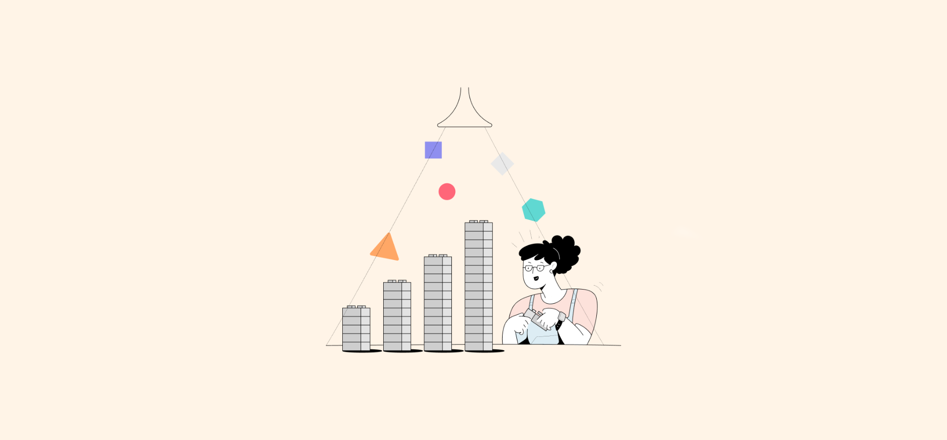 An illustration a woman building a bar graph out of construction blocks, representing a blog post about building vs buying integrations.